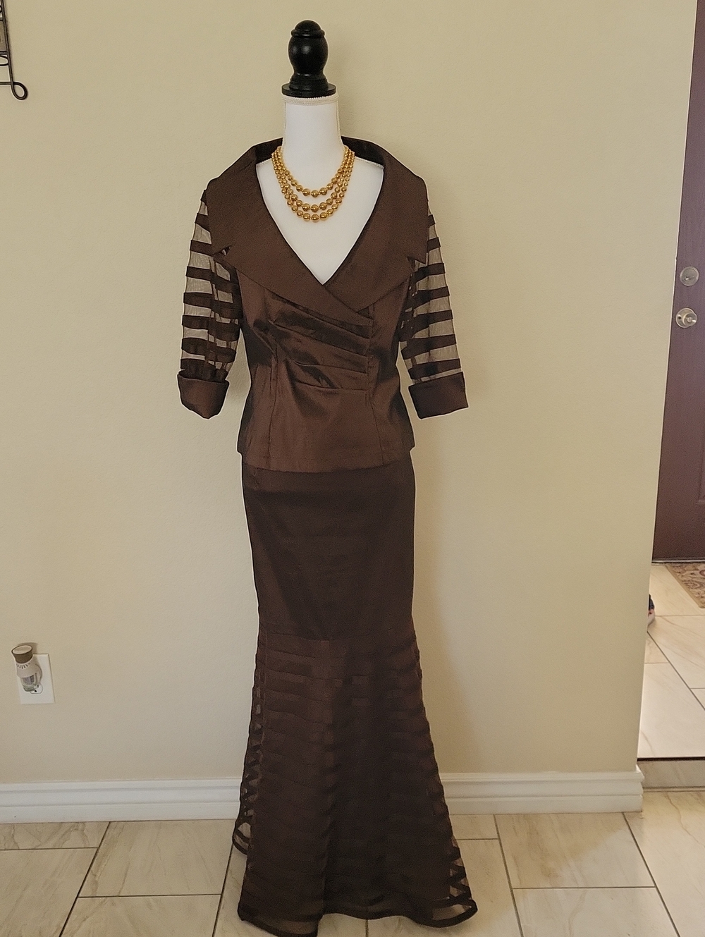 KM Collections 2 Piece Elegant Chocolate Brown Sheer-Panel Evening Wear